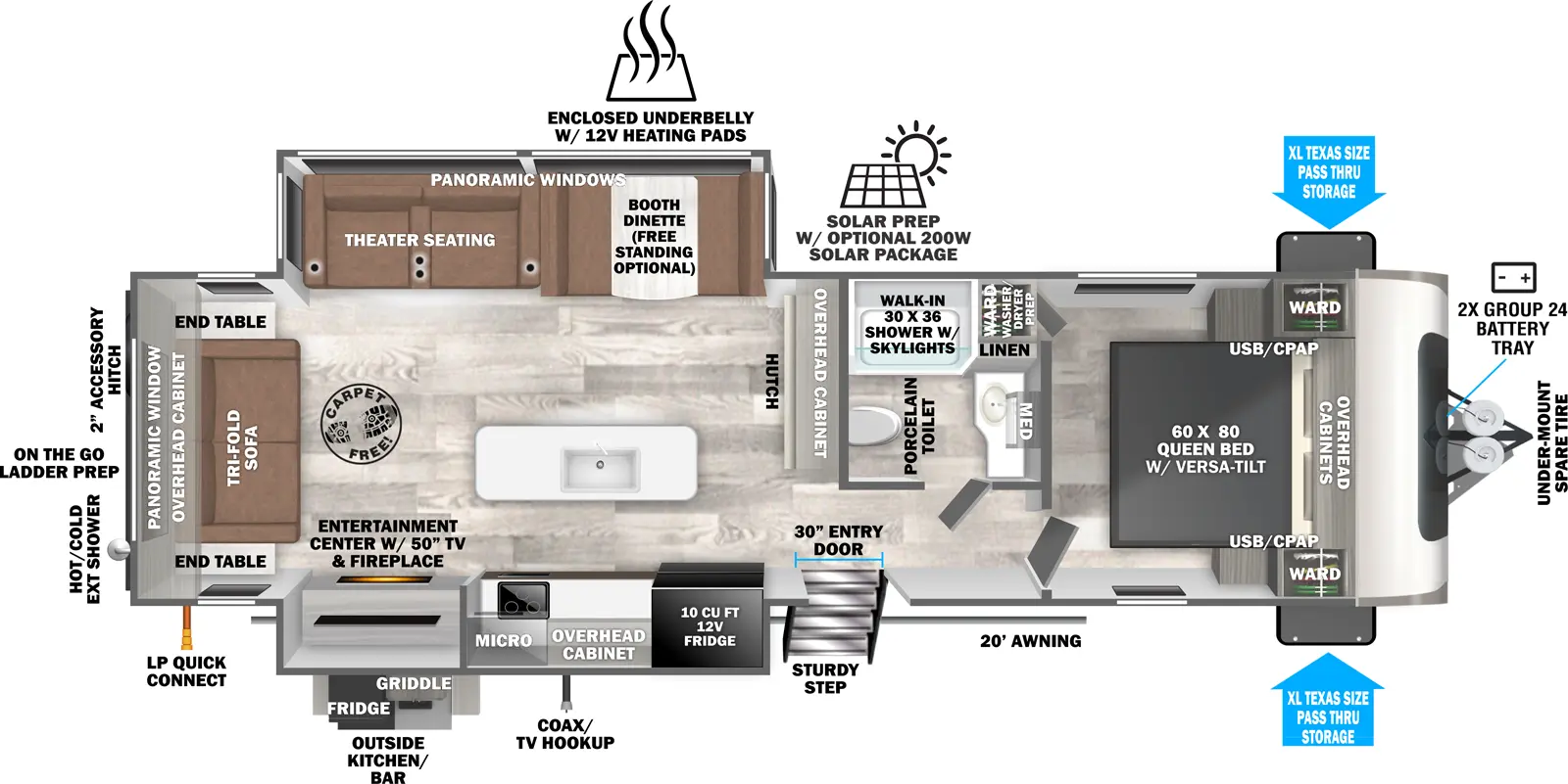 The Heritage Glen Travel Trailers 273RL has one entry and two slide outs. Exterior features include: fiberglass exterior, 20' awning and outside kitchen. Interiors features include: kitchen island, free-standing dinette option, front bedroom and rear living.